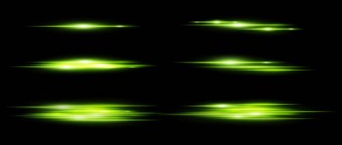 Siyah arkaplan üzerinde hareket bulanıklığı olan yeşil parlak yatay ışık çizgileri. Röfleler, örtüşmeler ya da dizayndaki dinamik geçişler için mükemmel. Vektör illüstrasyonu.