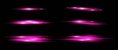 Siyah zemin üzerinde hareket bulanıklığı olan mor parlak yatay ışık çizgileri. Röfleler, örtüşmeler ya da dizayndaki dinamik geçişler için mükemmel. Vektör illüstrasyonu.
