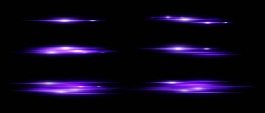 Siyah zemin üzerinde hareket bulanıklığı olan mor parlak yatay ışık çizgileri. Röfleler, örtüşmeler ya da dizayndaki dinamik geçişler için mükemmel. Vektör illüstrasyonu.