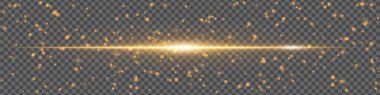 Parlayan parçacıkları ve şeffaf arkaplanda hareket parıltısıyla altın ışık parlıyor. Tasarım ve VFX için yatay enerji ışını.