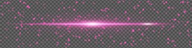 Pembe ışık parlaklığı, parlak parçacıklar ve şeffaf arkaplanda hareket parıltısı. Tasarım ve VFX için yatay enerji ışını.
