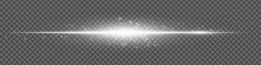 Şeffaf arkaplanda enerji parçacıkları olan beyaz parlak bir çizgi. Dijital görseller için geleceksel ışık demeti efekti.