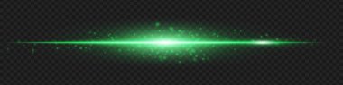Yumuşak kıvılcımlar ve parıltılarla parlayan yeşil yatay ışık huzmesi. Tasarım örtüleri için bilim kurgu tarzı ışık çizgisi.