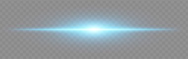 Mavi ışık patlaması. Geniş parıltılı, yumuşak kenarlı ve teknolojik efektli şeffaf arka planda parlak yatay ışın. Enerji, ışık, bilim-kurgu, flaş, elektrik teması için mükemmel.