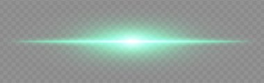 Yeşil ışık yandı. Geniş parıltılı, yumuşak kenarlı ve teknolojik efektli şeffaf arka planda parlak yatay ışın. Enerji, ışık, bilim-kurgu, flaş, elektrik teması için mükemmel.