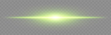 Yeşil ışık yandı. Geniş parıltılı, yumuşak kenarlı ve teknolojik efektli şeffaf arka planda parlak yatay ışın. Enerji, ışık, bilim-kurgu, flaş, elektrik teması için mükemmel.