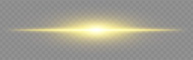 Sarı ışık patlaması. Geniş parıltılı, yumuşak kenarlı ve teknolojik efektli şeffaf arka planda parlak yatay ışın. Enerji, ışık, bilim-kurgu, flaş, elektrik teması için mükemmel.