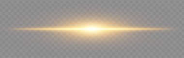 Sarı ışık patlaması. Geniş parıltılı, yumuşak kenarlı ve teknolojik efektli şeffaf arka planda parlak yatay ışın. Enerji, ışık, bilim-kurgu, flaş, elektrik teması için mükemmel.