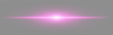 Mor flaş patlaması. Geniş parıltılı, yumuşak kenarlı ve teknolojik efektli şeffaf arka planda parlak yatay ışın. Enerji, ışık, bilim-kurgu, flaş, elektrik teması için mükemmel.