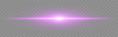 Mor flaş patlaması. Geniş parıltılı, yumuşak kenarlı ve teknolojik efektli şeffaf arka planda parlak yatay ışın. Enerji, ışık, bilim-kurgu, flaş, elektrik teması için mükemmel.