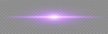 Mor flaş patlaması. Geniş parıltılı, yumuşak kenarlı ve teknolojik efektli şeffaf arka planda parlak yatay ışın. Enerji, ışık, bilim-kurgu, flaş, elektrik teması için mükemmel.
