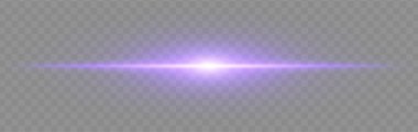 Mor flaş patlaması. Geniş parıltılı, yumuşak kenarlı ve teknolojik efektli şeffaf arka planda parlak yatay ışın. Enerji, ışık, bilim-kurgu, flaş, elektrik teması için mükemmel.
