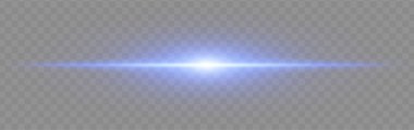 Mavi ışık patlaması. Geniş parıltılı, yumuşak kenarlı ve teknolojik efektli şeffaf arka planda parlak yatay ışın. Enerji, ışık, bilim-kurgu, flaş, elektrik teması için mükemmel.