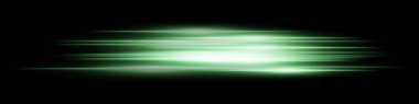 Yeşil ışık hızı etkisi. Koyu şeffaf arkaplanda hız hareketi olan neon parıltıda çoklu yatay çizgiler. Teknoloji, dijital, gelecek, bilim kurgu görselleri için ideal.