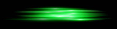 Yeşil ışık hızı etkisi. Koyu şeffaf arkaplanda hız hareketi olan neon parıltıda çoklu yatay çizgiler. Teknoloji, dijital, gelecek, bilim kurgu görselleri için ideal.