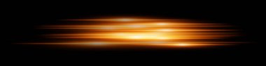 Turuncu ışık hızı etkisi. Koyu şeffaf arkaplanda hız hareketi olan neon parıltıda çoklu yatay çizgiler. Teknoloji, dijital, gelecek, bilim kurgu görselleri için ideal.