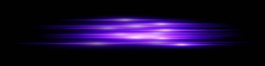 Mor ışık hızı etkisi. Koyu şeffaf arkaplanda hız hareketi olan neon parıltıda çoklu yatay çizgiler. Teknoloji, dijital, gelecek, bilim kurgu görselleri için ideal.