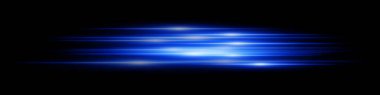 Mavi ışık hızı etkisi. Koyu şeffaf arkaplanda hız hareketi olan neon parıltıda çoklu yatay çizgiler. Teknoloji, dijital, gelecek, bilim kurgu görselleri için ideal.