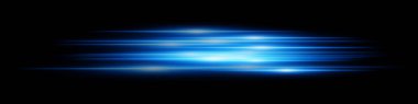 Mavi ışık hızı etkisi. Koyu şeffaf arkaplanda hız hareketi olan neon parıltıda çoklu yatay çizgiler. Teknoloji, dijital, gelecek, bilim kurgu görselleri için ideal.