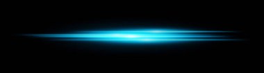 Mavi parlak ışık çizgisi. Yatay neon ışını, pürüzsüz parlak ve katmanlı siyah arkaplan akışı, uygun teknoloji, hareket veya hız temaları.