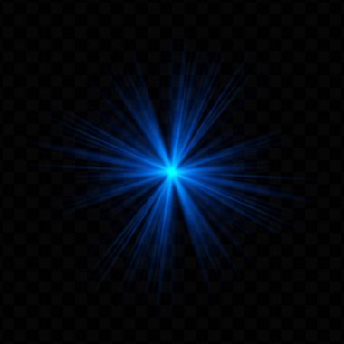 Işık patlaması. Keskin ışınları ve şeffaf parıltısıyla mavi merkezi yıldız patlaması bilim kurgu, enerji veya gelecekteki görsel arayüzler için mükemmeldir..