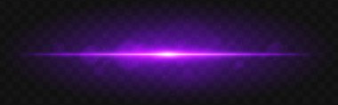 Mor ışık patlaması. Parlayan parçacıklara sahip parlak yatay ışın ve karanlık şebeke arkaplanı üzerinde hafif ışık efekti, bilim-kurgu veya teknolojik görseller için uygundur.