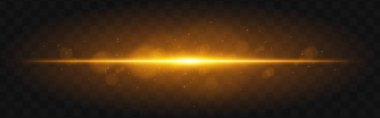 Altın ışık patladı. Parlayan parçacıklara sahip parlak yatay ışın ve karanlık şebeke arkaplanı üzerinde hafif ışık efekti, bilim-kurgu veya teknolojik görseller için uygundur.