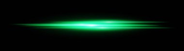 Parlak yeşil ışık çizgisi. Yatay neon ışını, pürüzsüz parlak ve katmanlı siyah arkaplan akışı, uygun teknoloji, hareket veya hız temaları.
