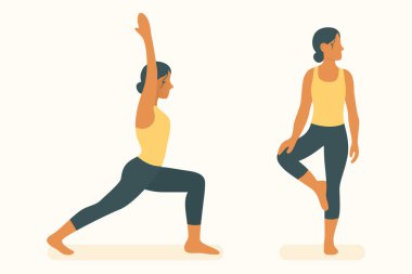 Yoga ve pilates pozları. Savaşçı ve aşağı bakan köpek de dahil. Denge, omurga hizalaması, esneklik ve tüm vücut gücüne odaklanıyor.