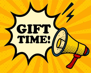 Hediye zamanı konuşma balonu. Megafon, yıldırım, konuşma patlaması, ses hatları, pop sanat tarzı, hoparlör, topluluk önünde konuşma, sarı arka plan, ifade, ses, alarm, yayın