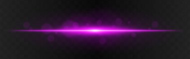Işık patlaması. Koyu şeffaf arkaplan üzerinde radyal parlaklık ve yumuşak parçacıklar ile mor yatay parlaklık, teknoloji veya bilim kurgu görselleri için uygundur.