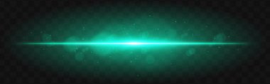 Yeşil ışık yandı. Parlayan parçacıklara sahip parlak yatay ışın ve karanlık şebeke arkaplanı üzerinde hafif ışık efekti, bilim-kurgu veya teknolojik görseller için uygundur.