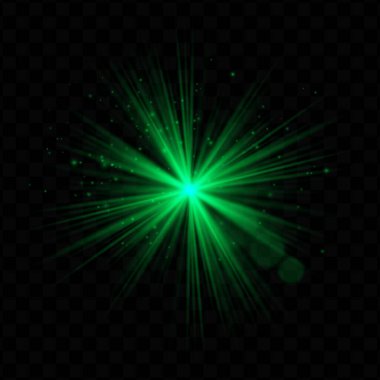 Işık patlaması. Işıltılı ve şeffaf parıltılı yeşil radyal ışıltı, teknoloji, fantezi veya sihirli görsel ve dinamik kullanıcı arayüzleri için ideal.