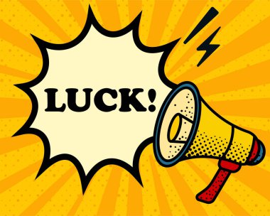 Şans konuşma balonu. Megafon, yıldırım, konuşma patlaması, ses hatları, pop sanat tarzı, hoparlör, topluluk önünde konuşma, sarı arka plan, ifade, ses, alarm, yayın