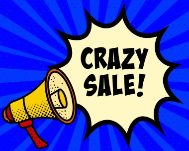 Çılgın satış duyurusu konuşma balonu. Megafon, konuşma patlaması, komedi tarzı, parlak arkaplan, iletişim ögesi, ifade aracı, ses yansıtma, bilgi paylaşımı, pop sanat tasarımı.