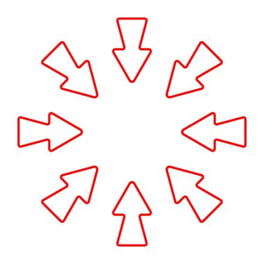 Yönlü ok simgesi. Sekiz kalın kırmızı ok içeriden içeriye doğru işaret ediyor. Odaklanma, yakınsama, navigasyon veya merkezileştirme kavramını temsil eder.