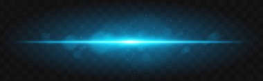 Mavi ışık patladı. Parlayan parçacıklara sahip parlak yatay ışın ve karanlık şebeke arkaplanı üzerinde hafif ışık efekti, bilim-kurgu veya teknolojik görseller için uygundur.