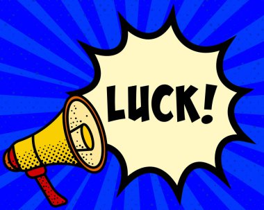 Şans duyurusu konuşma balonu. Megafon, konuşma patlaması, komedi tarzı, parlak arkaplan, iletişim ögesi, ifade aracı, ses yansıtma, bilgi paylaşımı, pop sanat tasarımı.