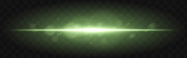 Yeşil ışık yandı. Parlayan parçacıklara sahip parlak yatay ışın ve karanlık şebeke arkaplanı üzerinde hafif ışık efekti, bilim-kurgu veya teknolojik görseller için uygundur.