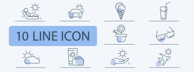 Tatil ve rahatlama seti simgesi. Dinlenme odası, araba, dondurma, içecek, saksı, güneş gözlüğü, bulut, güneş kremi, güneşli el, yumuşak mavi noktalı uçak çizimleri.