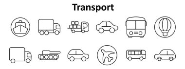 Işınlama simgesi ayarlandı. Bagajlı gemi, kargo kamyonu, teslimat aracı, araba, otobüs, balon, uçak, askeri tank, kamyonet beyaz arka planda beyaz olarak düzenlenmiş..