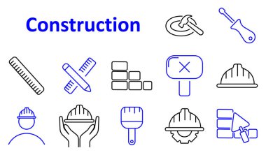 Yapılandırma simgesi. Cetvel, kalem, duvar tuğlaları, çekiç, tornavida, bariyer, başlık, işçi, boya fırçası, dişli kask, mala, miğfer tutan eller