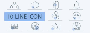 Kullanıcı arayüzü seti simgesi. Hiyerarşi, hoparlör, CD kutusu, zil, kalkan kişi, profil ekleme, profil silme, dizüstü bilgisayar, yıldız