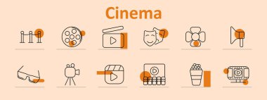 Sinema set simgesi. Halat engelini, film makarasını, klapa, maske, projektör, hoparlör, gözlük, kamera, patlamış mısır, ekran, temiz eğlence temalı hatlarla çizilmiş
