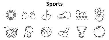 Spor seti ikonu. Hedef, oyun denetleyici, golf deliği, ayakkabı, yüzme figürü, bowling, dart tahtası, masa tenisi, basketbol, sopa, madalya, bowling topu.