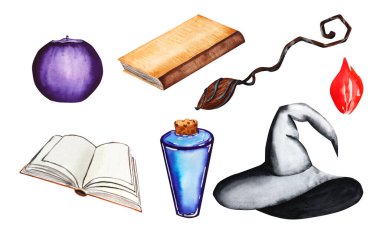 Cadılar bayramı için suluboya çizimler. Bir kitap seti, mumlar, süpürge, iksir ve şapka, tatil için elle çizilmiş, bir parti. Tasarımın için..