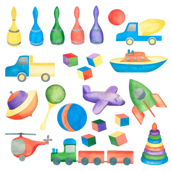 Speelgoed Aquarelillustratie Van Een Set Kinderspeelgoed Illustratie Voor Kinderen Geïsoleerd — Stockfoto