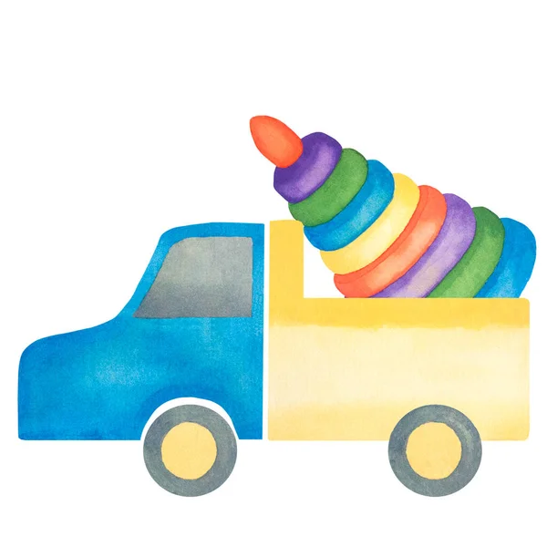 Des Jouets Pour Enfants Illustration Aquarelle Camion Avec Une Pyramide — Photo