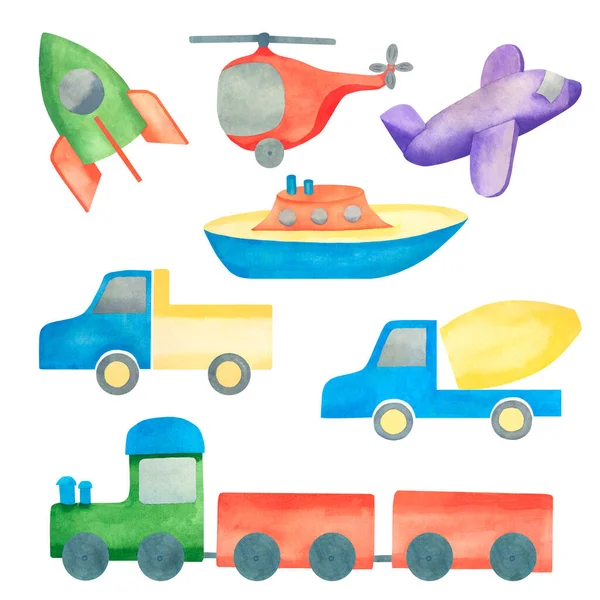 Speelgoed Aquarel Illustratie Van Het Vervoer Raket Boot Vliegtuig Helikopter — Stockfoto