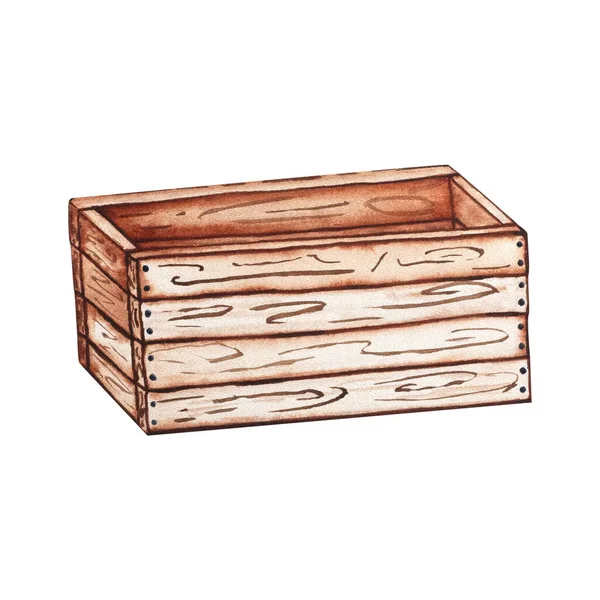 白色背景上木盒的水彩画 为您的设计手工绘图 — 图库照片